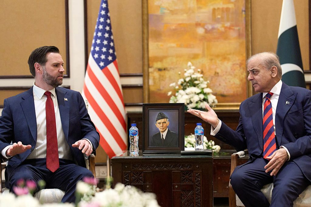 U.S. Vice President J.D. Vance meets with Pakistan's Prime Minister Shehbaz Sharif during their meeting at Islamabad, Pakistan on April 11, 2026.